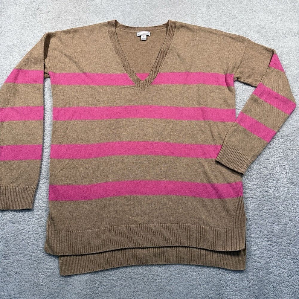 Gap V-Neck Sweater Womens XS Brown Pink Striped Merino Blend Stripe Retro